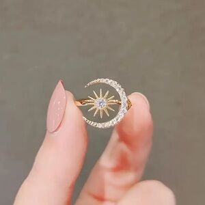 Adjustable Moon & Star Ring | Zinc Alloy Open Couple Ring with Rhinestones 🌙⭐️